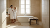 Luxury bathroom with travertine walls and floor