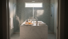 Marble bathroom vanity with essential accessories