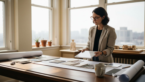 Designer reviews marble samples at drafting table