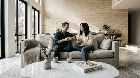 Couple in luxury living room with natural stone