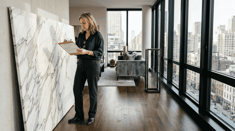 Designer reviews marble slab in penthouse living room