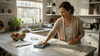 Woman gently cleaning marble kitchen island