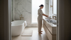 Luxurious marble and travertine bathroom wide view