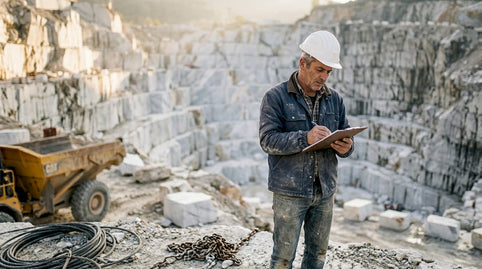 Quarry supervisor inspecting marble blocks on site
