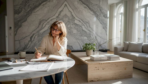 Designer sketching marble and travertine interior scene