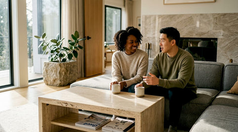 Modern living room with marble and travertine decor