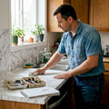 Worker installing marble laminate in real kitchen