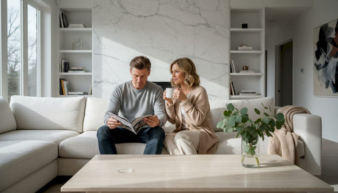 Couple relaxing in elegant stone-accented living room