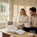 Couple reviewing stone decor samples at home