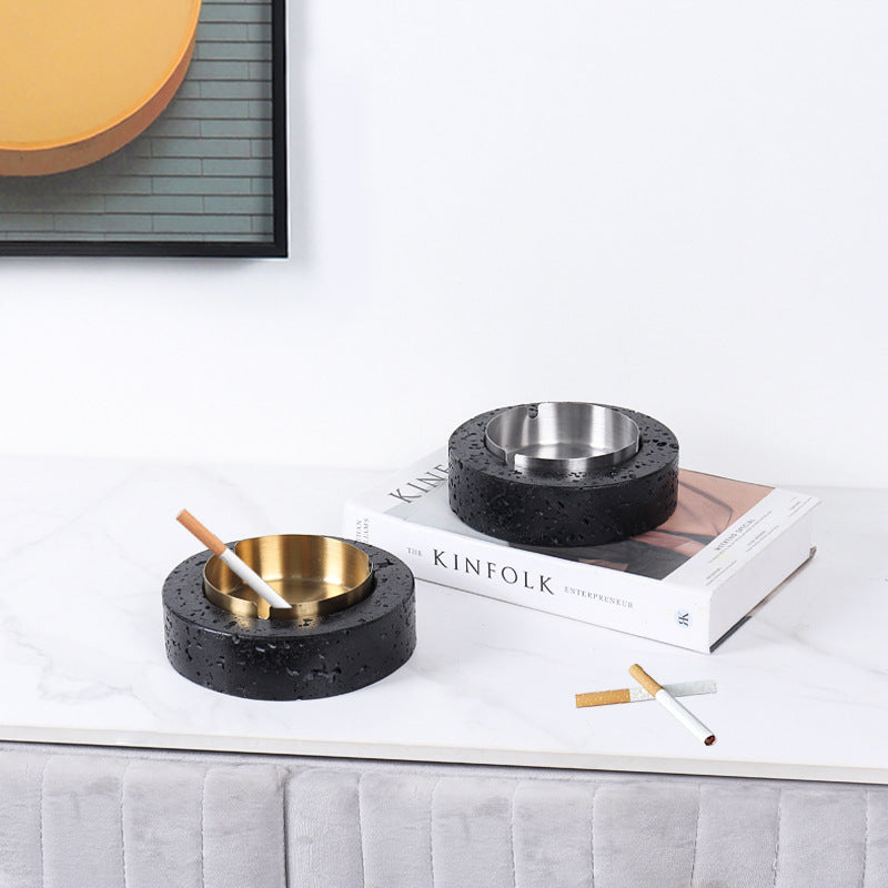 Volcanic Luxe Round Marble Ashtray – Solid Stone with Brushed Steel Insert (1.4kg)