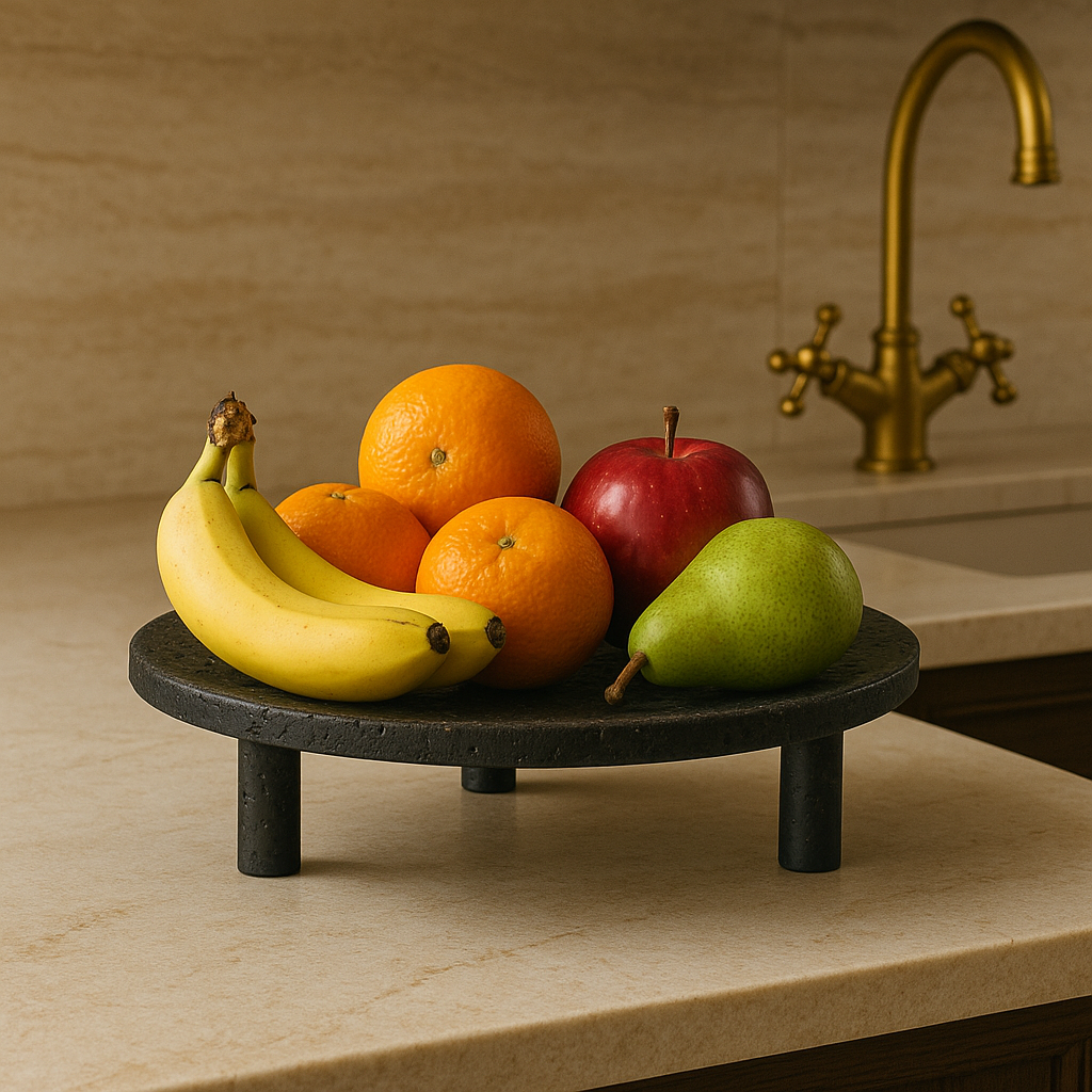 Noir Elevé Travertine Fruit Tray – Sculpted Pedestal in Black Travertine Stone