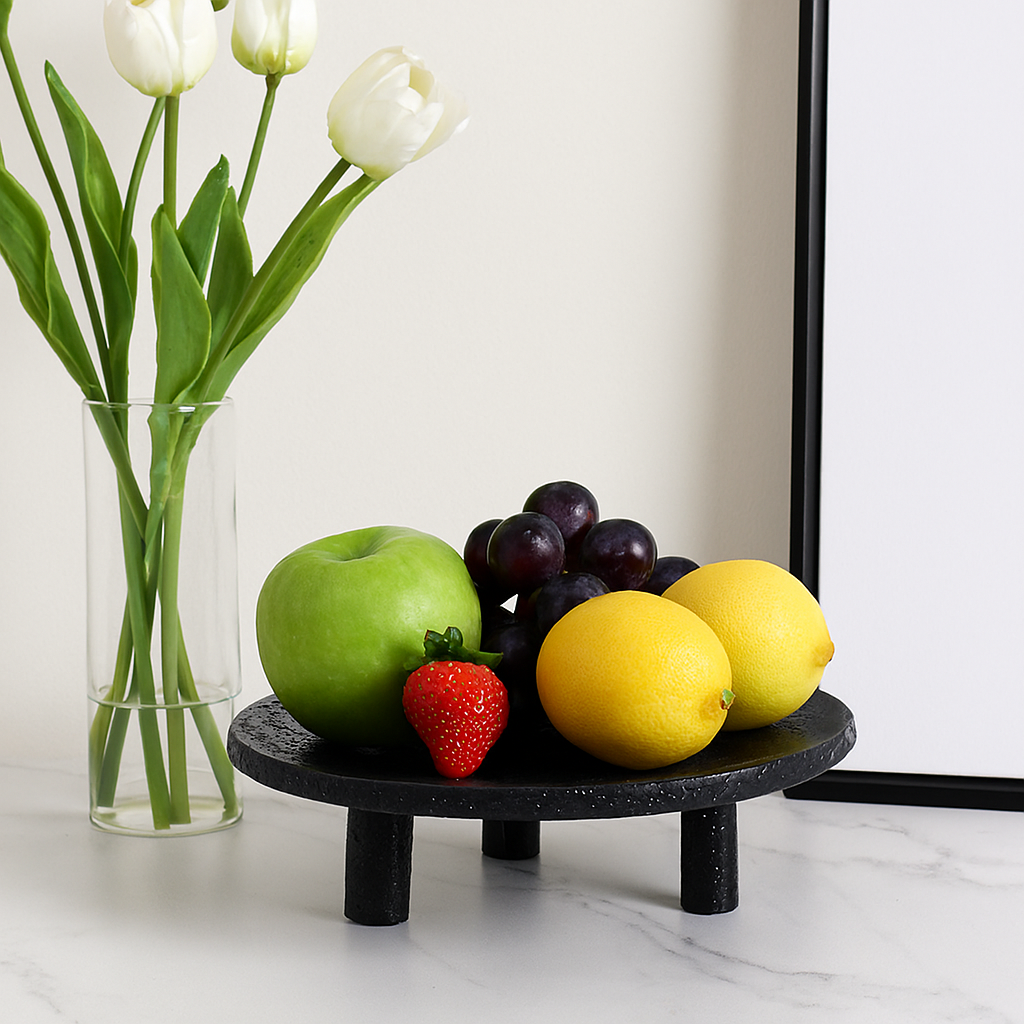 Noir Elevé Travertine Fruit Tray – Sculpted Pedestal in Black Travertine Stone