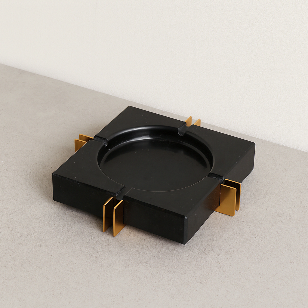 Modern Luxe Square Marble Ashtray – Solid Stone with Brass Accents (2kg)