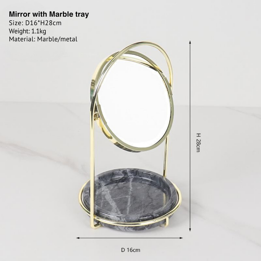Elegant Marble Vanity Mirror with Tray – Dual-Tone Metal Finish