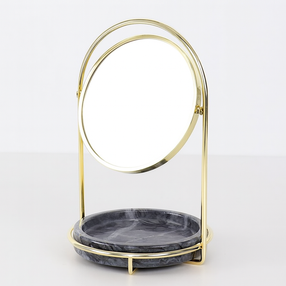 Elegant Marble Vanity Mirror with Tray – Dual-Tone Metal Finish