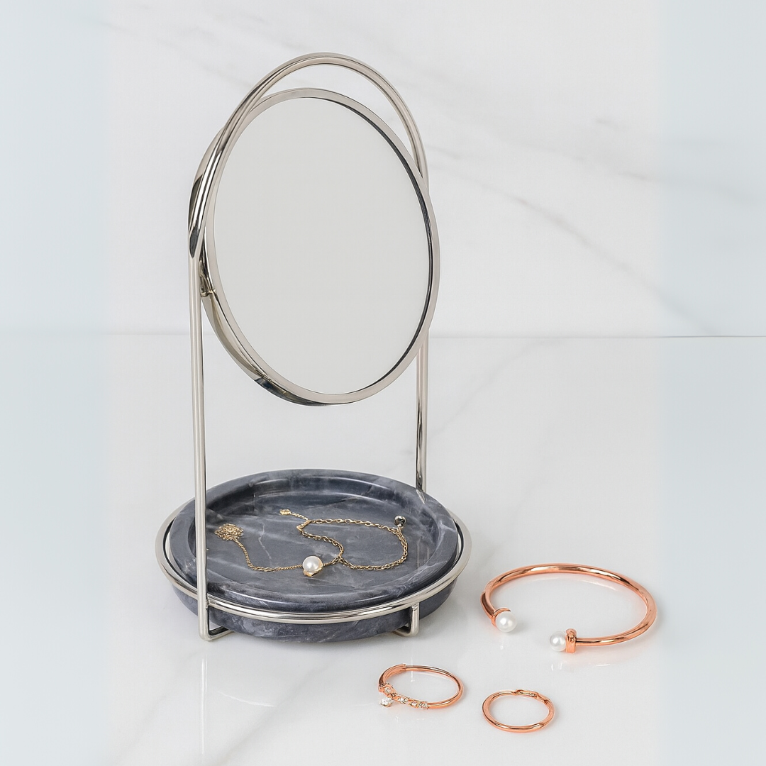 Elegant Marble Vanity Mirror with Tray – Dual-Tone Metal Finish