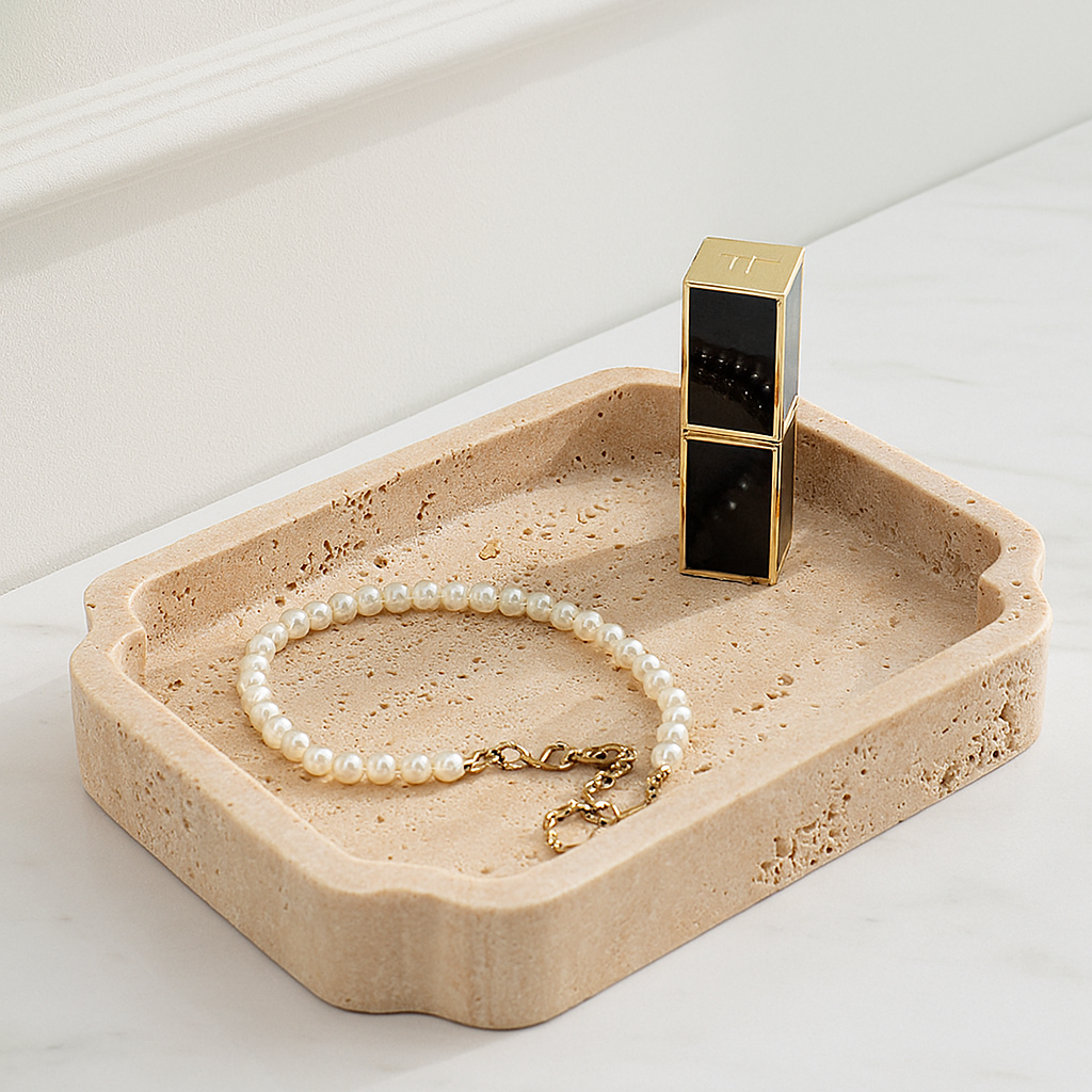Natural Travertine Catchall Tray – Minimalist Vanity Organizer