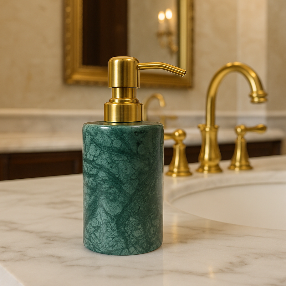 Emerald Vein Round Marble Soap Dispenser – Solid Stone with Gold Metal Pump (1kg)