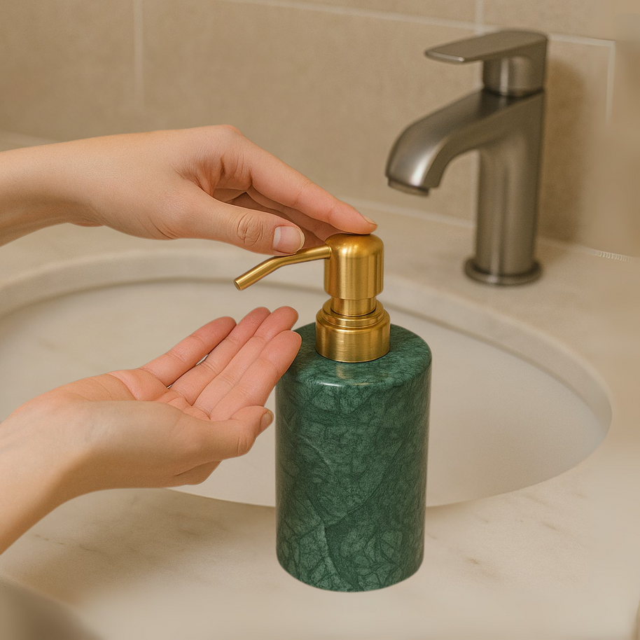 Emerald Vein Round Marble Soap Dispenser – Solid Stone with Gold Metal Pump (1kg)