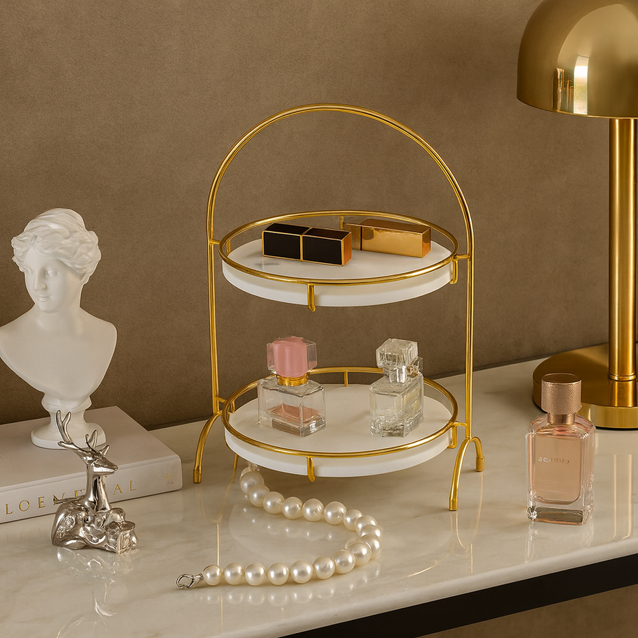 Aurora Round Marble Double Tray with Arched Handle