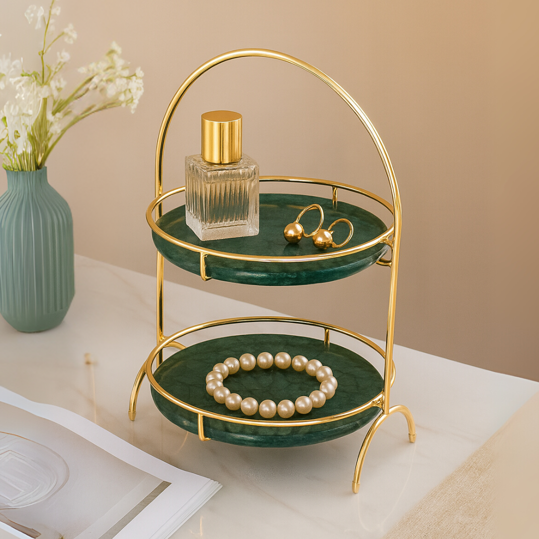 Aurora Round Marble Double Tray with Arched Handle