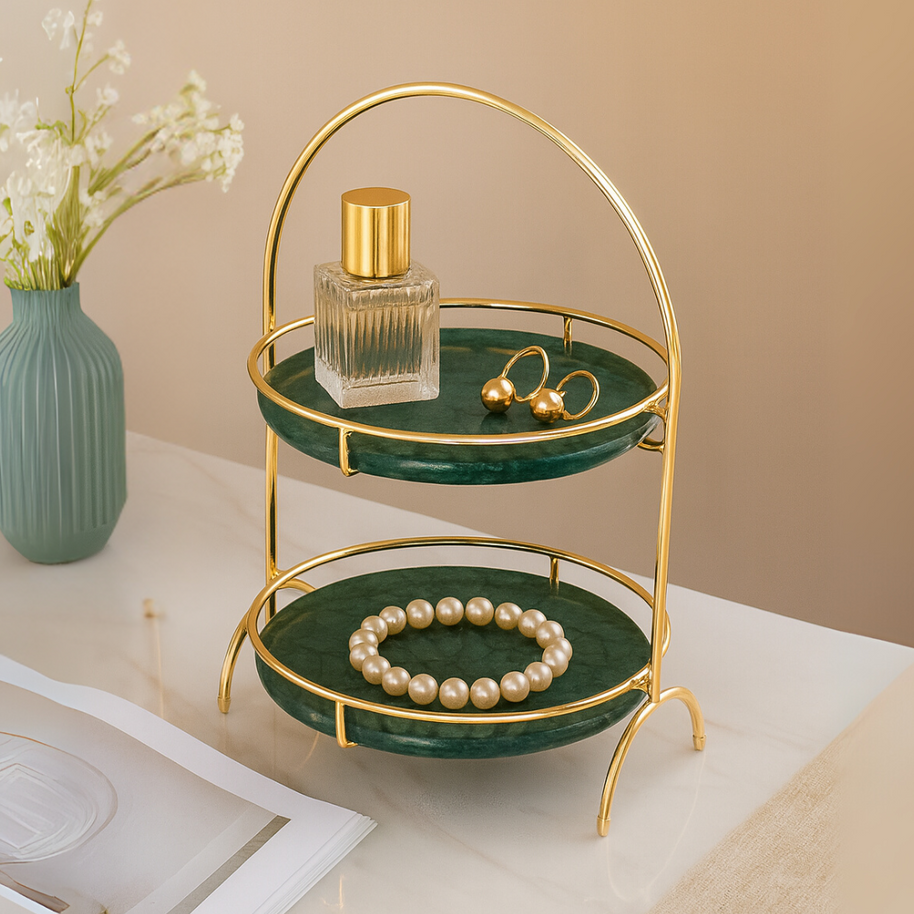 Aurora Round Marble Double Tray with Arched Handle