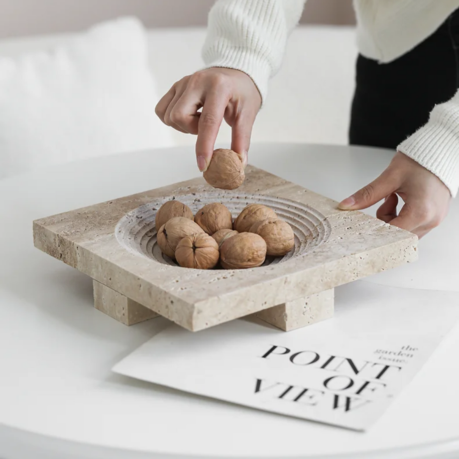 Vena Travertine Fruit Tray – Solid Carved Stone