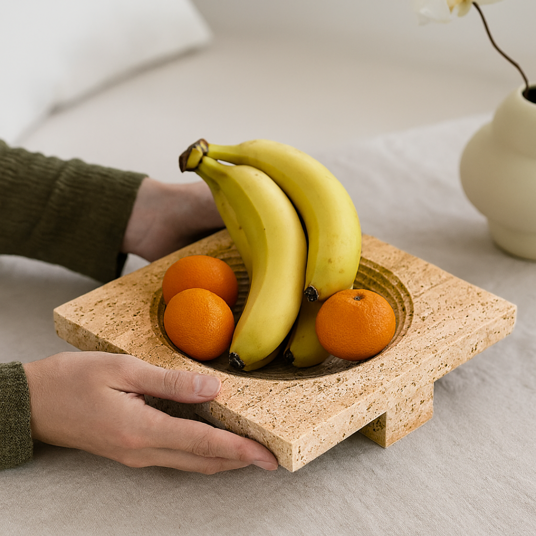 Vena Travertine Fruit Tray – Solid Carved Stone