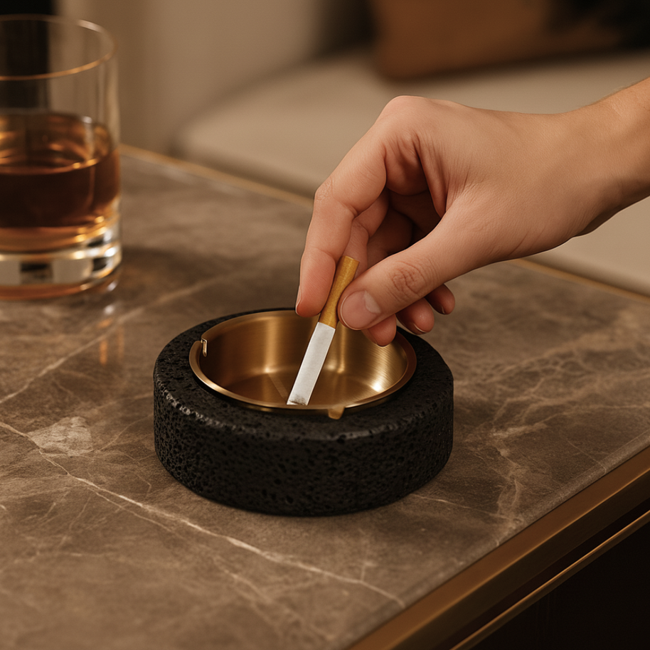 Volcanic Luxe Round Marble Ashtray – Solid Stone with Brushed Steel Insert (1.4kg)