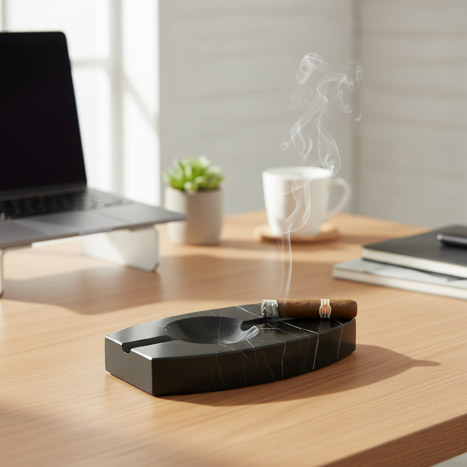 Luxury Marble Ashtray – 1.3kg Solid Stone with Hand-Carved Channels