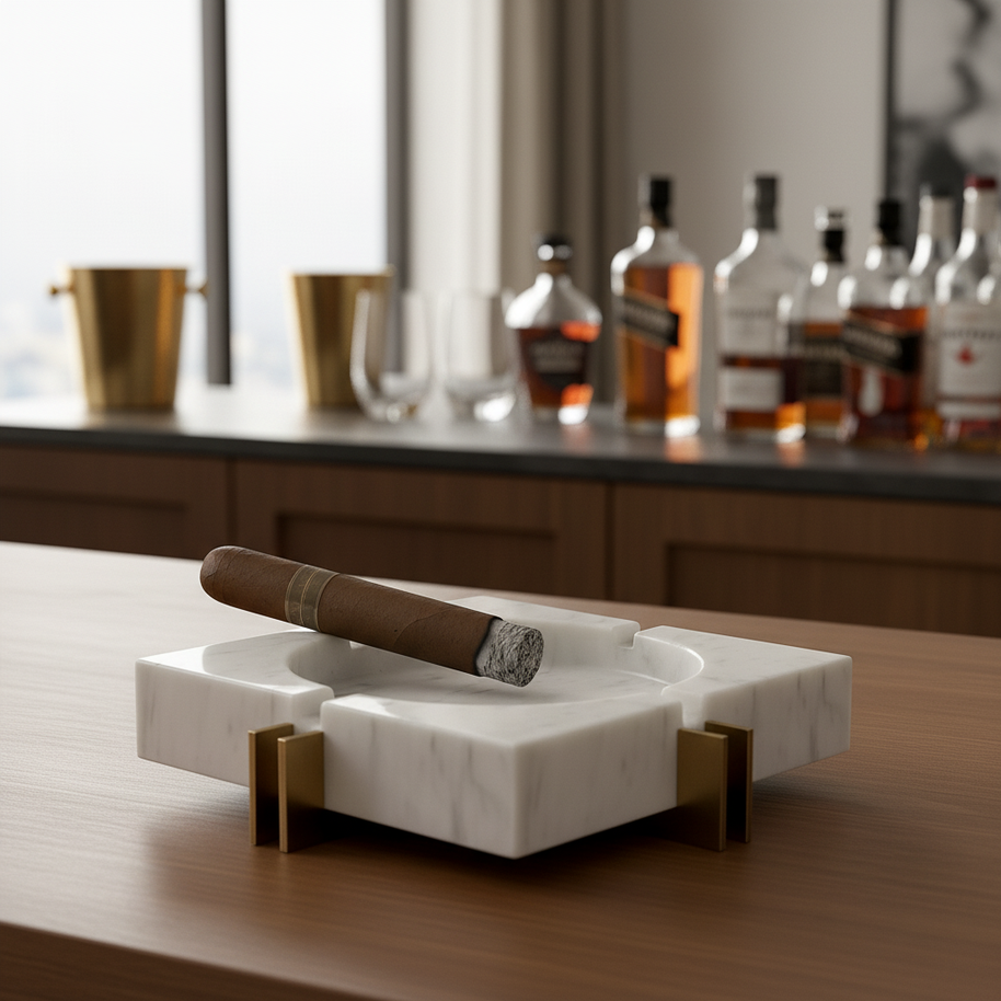 Modern Luxe Square Marble Ashtray – Solid Stone with Brass Accents (2kg)