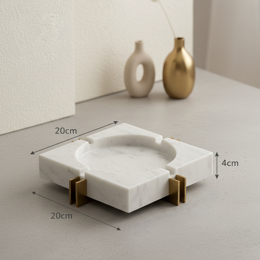 Modern Luxe Square Marble Ashtray – Solid Stone with Brass Accents (2kg)