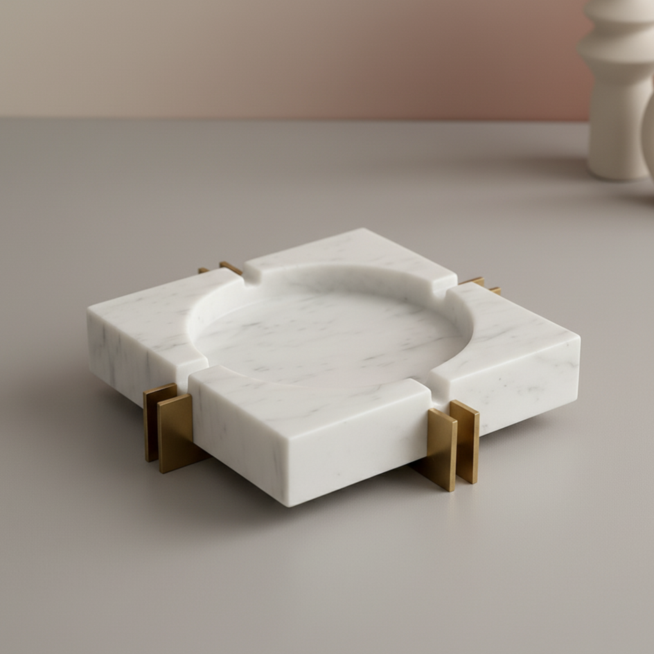 Modern Luxe Square Marble Ashtray – Solid Stone with Brass Accents (2kg)
