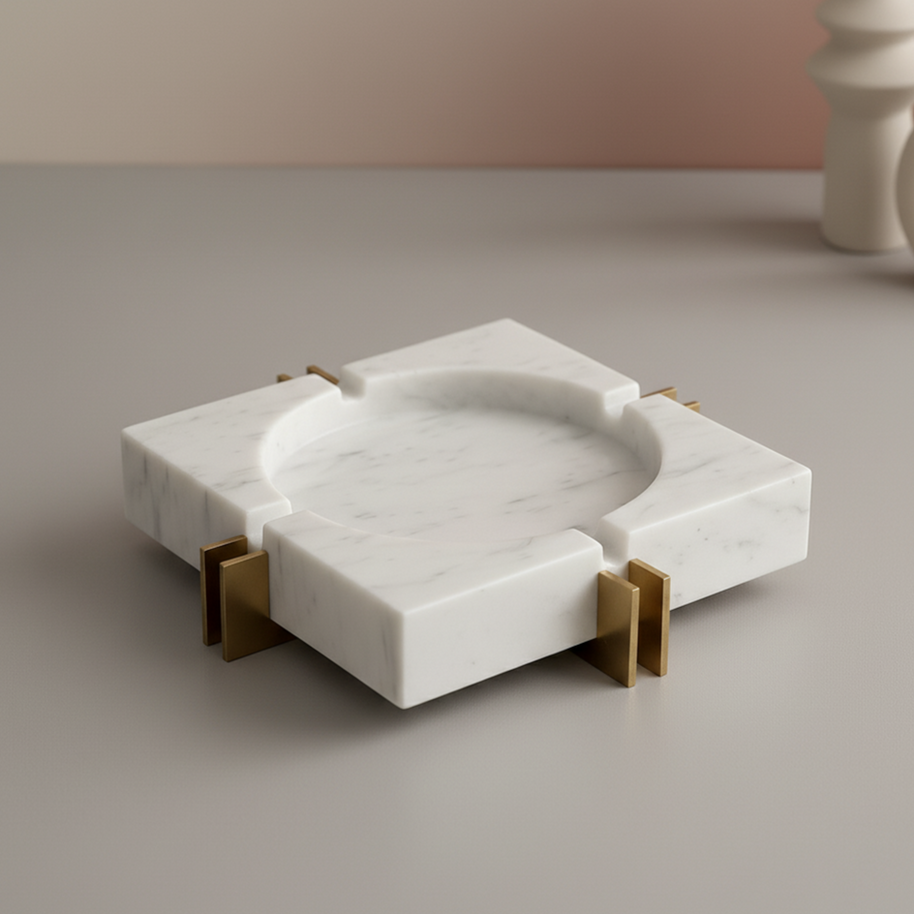 Modern Luxe Square Marble Ashtray – Solid Stone with Brass Accents (2kg)