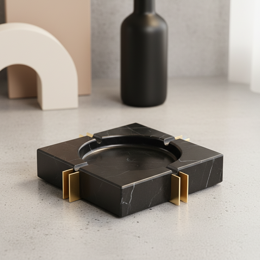 Modern Luxe Square Marble Ashtray – Solid Stone with Brass Accents (2kg)
