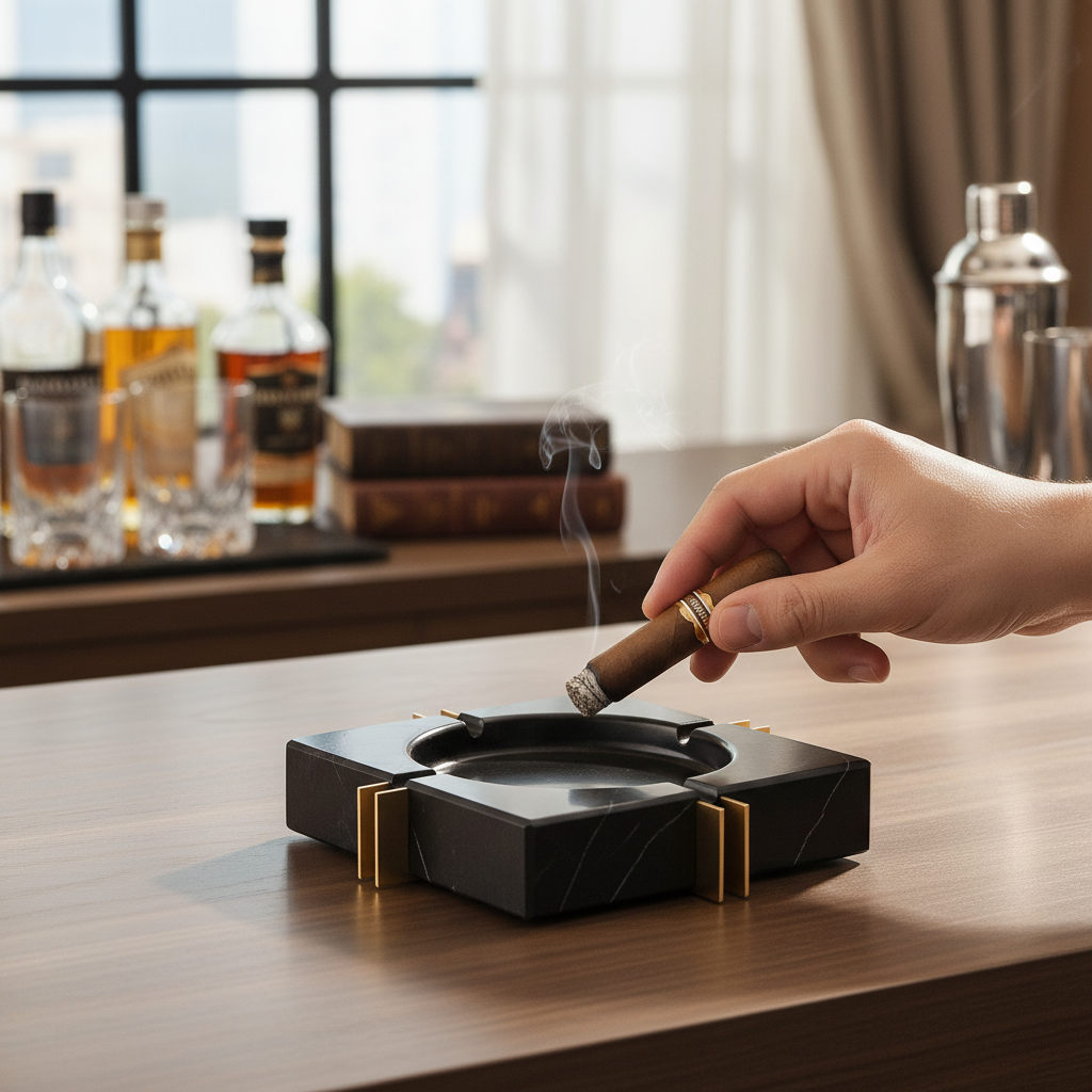 Modern Luxe Square Marble Ashtray – Solid Stone with Brass Accents (2kg)