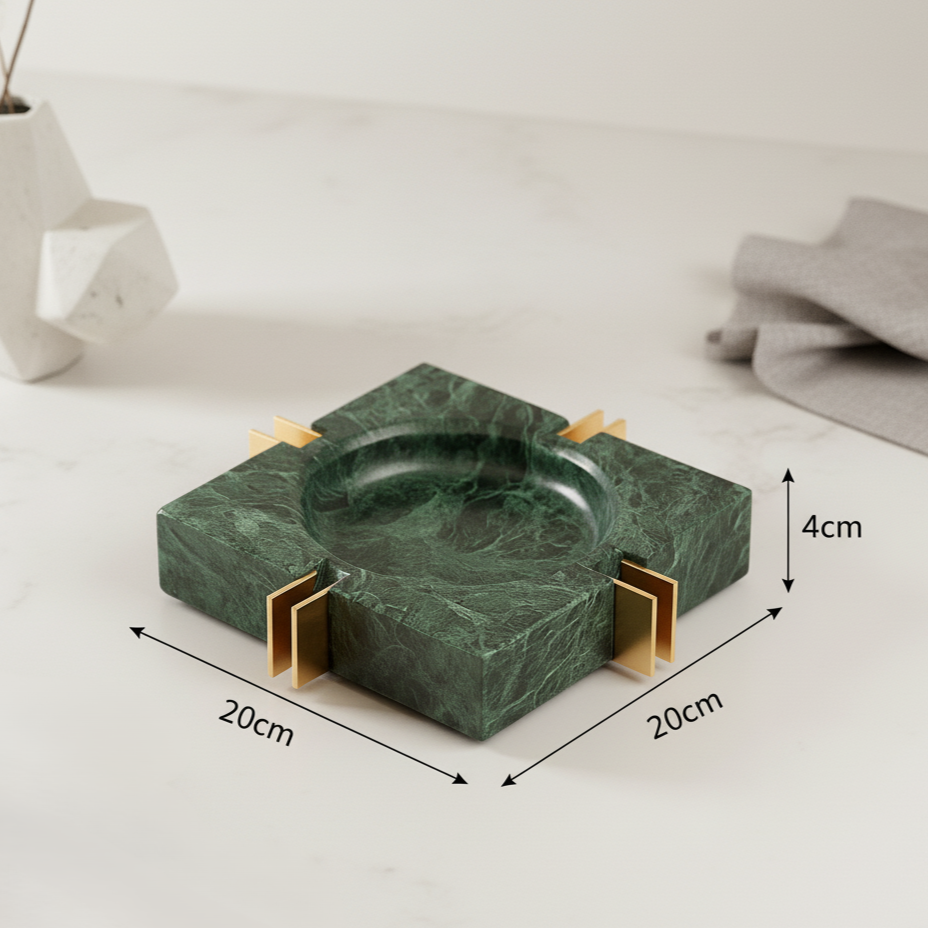 Modern Luxe Square Marble Ashtray – Solid Stone with Brass Accents (2kg)