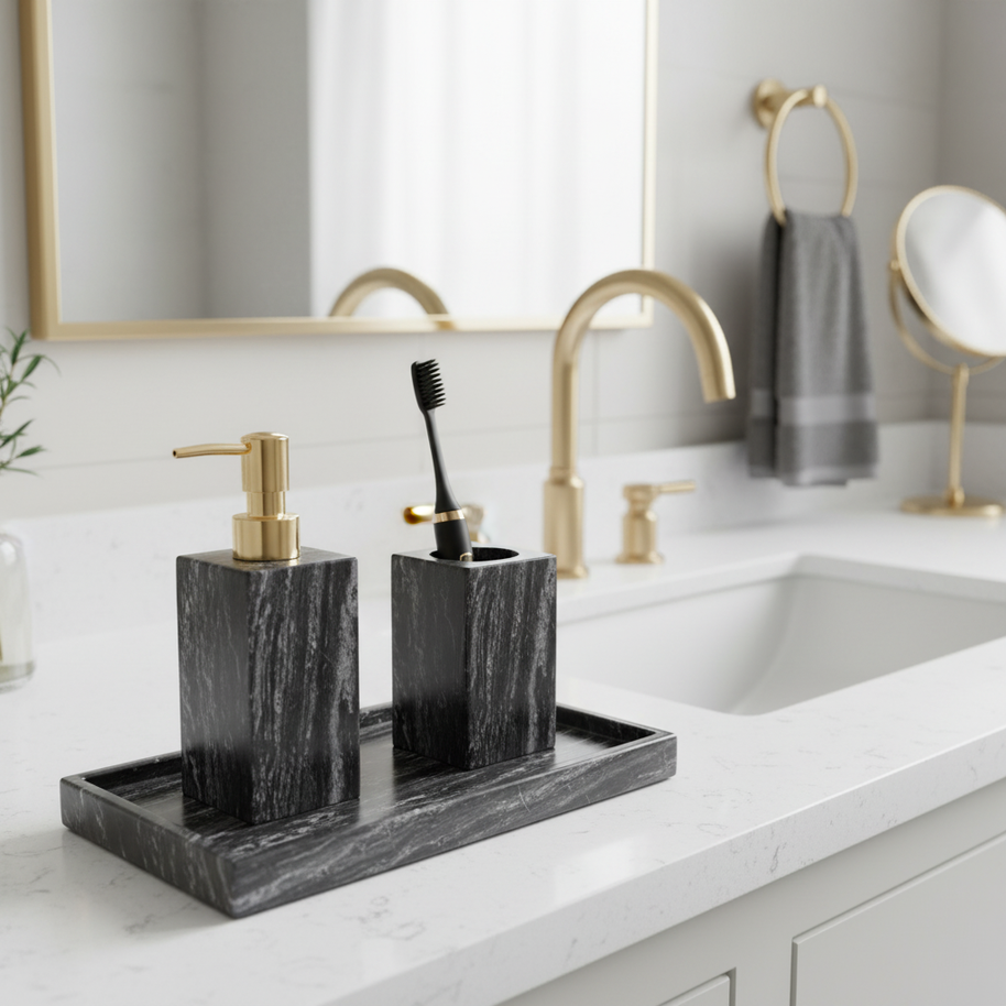 Cortara Black Wooden Marble Bathroom Set