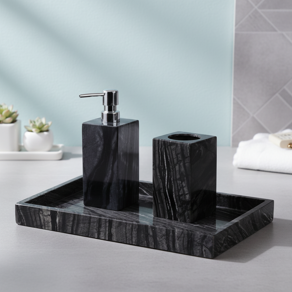 Cortara Black Wooden Marble Bathroom Set