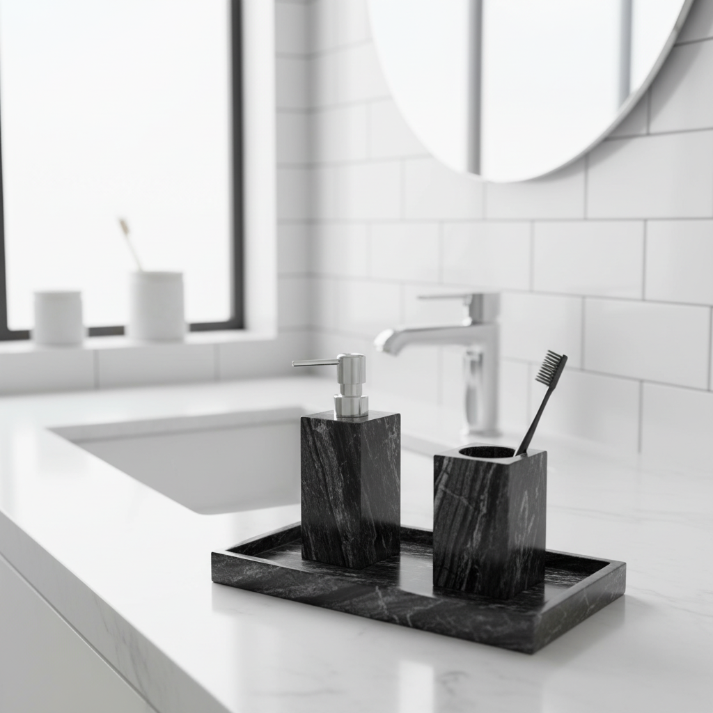 Cortara Black Wooden Marble Bathroom Set