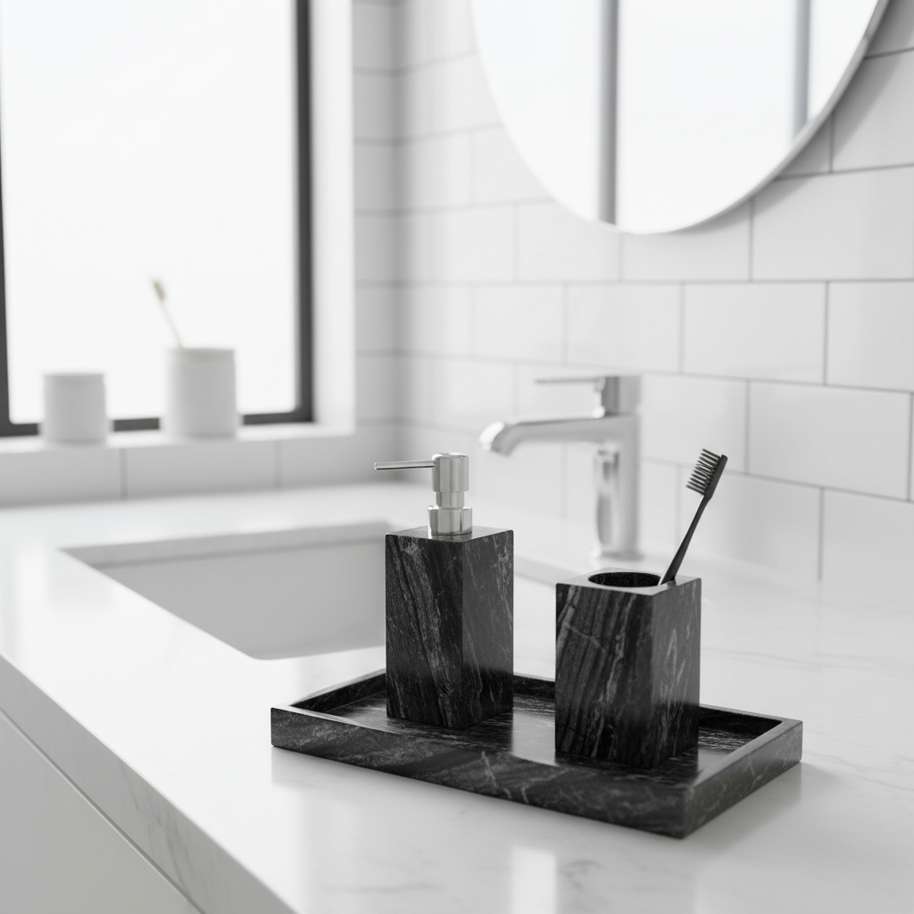Cortara Black Wooden Marble Bathroom Set