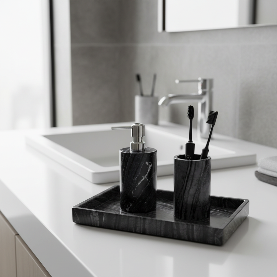 Averra Black Wooden Marble Bathroom Set