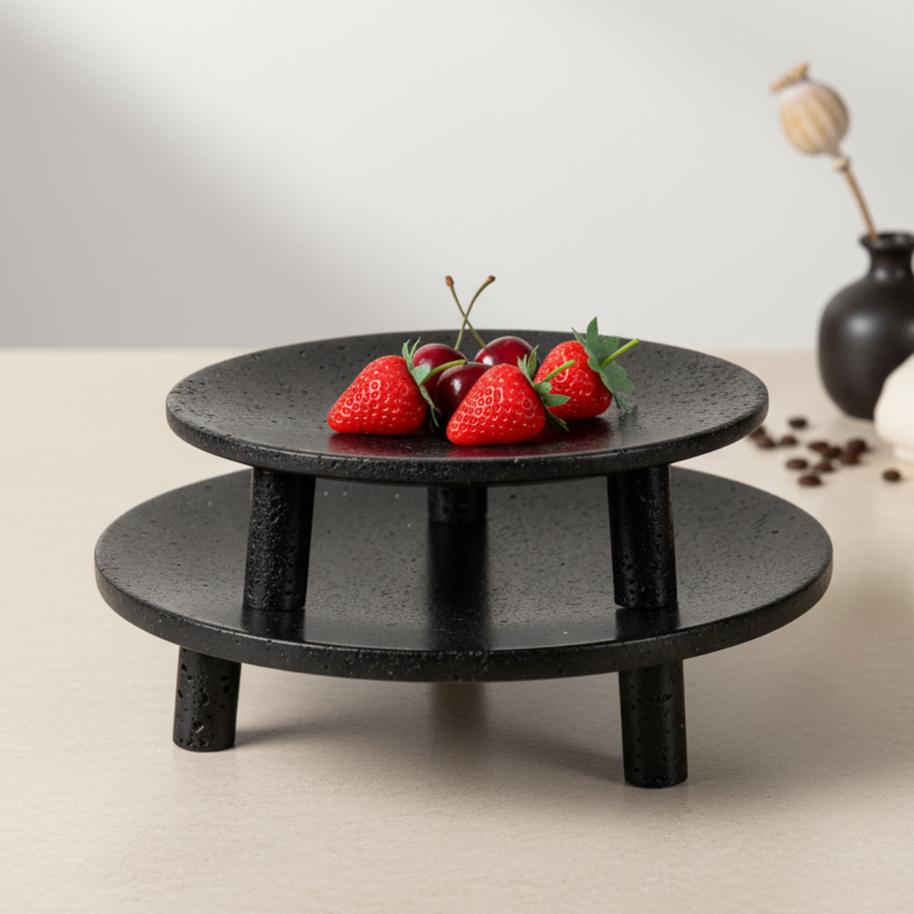 Noir Elevé Travertine Fruit Tray – Sculpted Pedestal in Black Travertine Stone