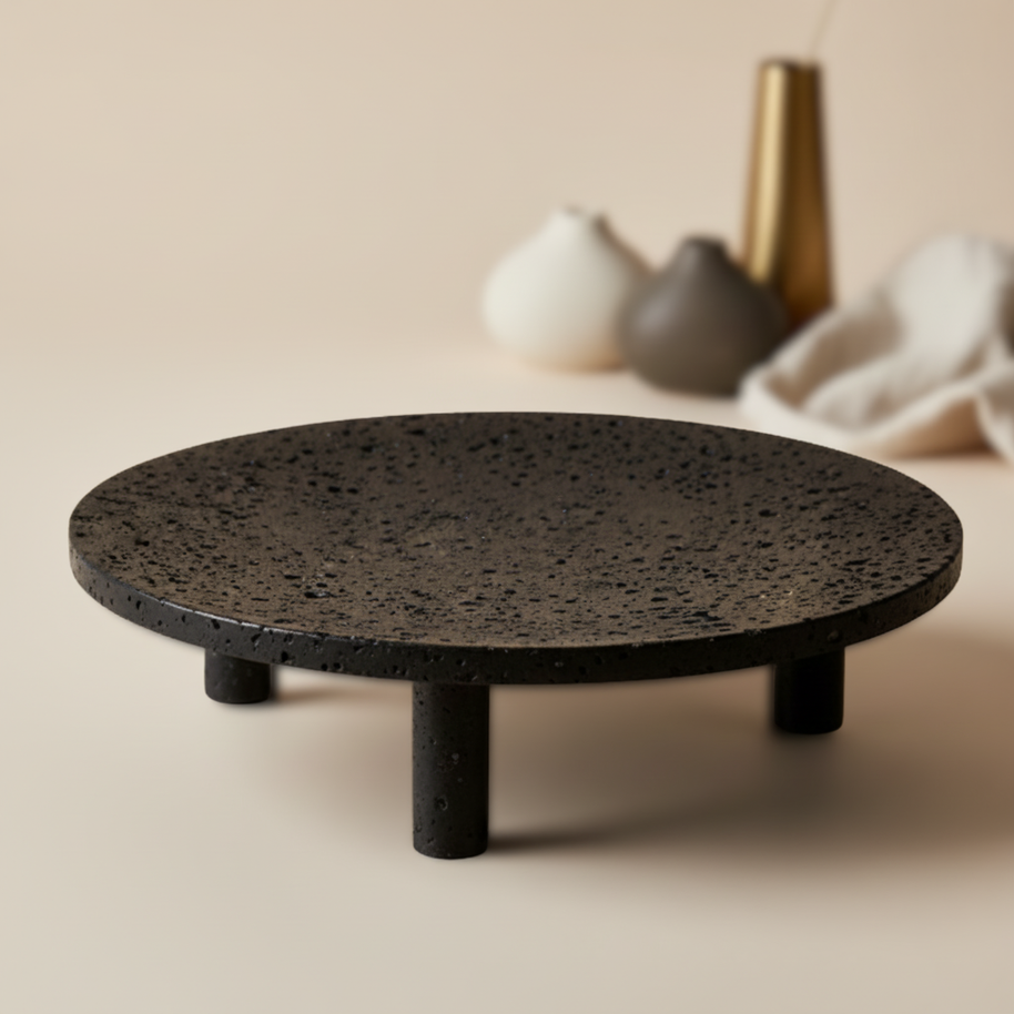 Noir Elevé Travertine Fruit Tray – Sculpted Pedestal in Black Travertine Stone