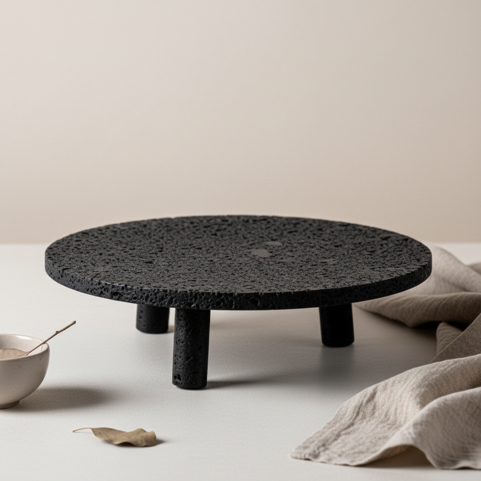 Noir Elevé Travertine Fruit Tray – Sculpted Pedestal in Black Travertine Stone