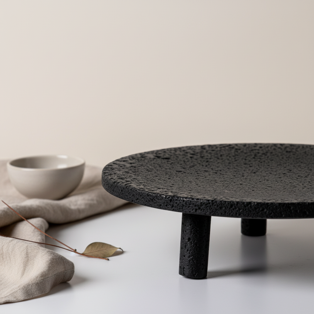 Noir Elevé Travertine Fruit Tray – Sculpted Pedestal in Black Travertine Stone