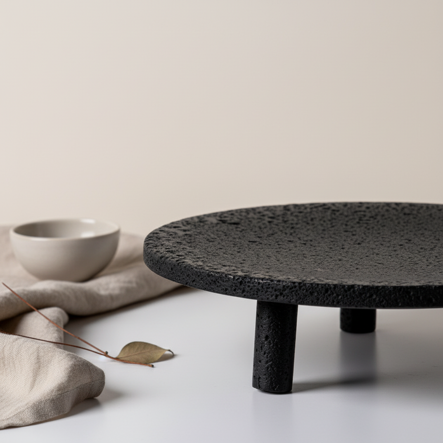 Noir Elevé Travertine Fruit Tray – Sculpted Pedestal in Black Travertine Stone