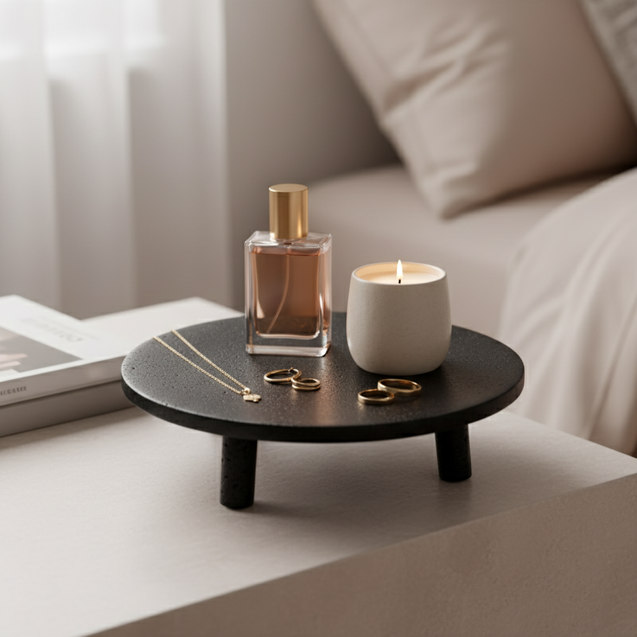 Noir Elevé Travertine Fruit Tray – Sculpted Pedestal in Black Travertine Stone