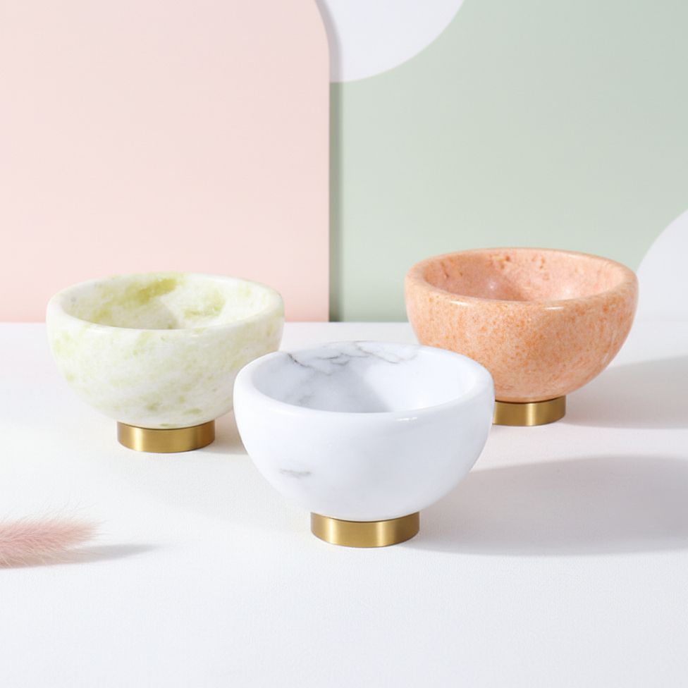 Aurora Marble Bowl – Solid Stone Dessert Bowl with Metal Base