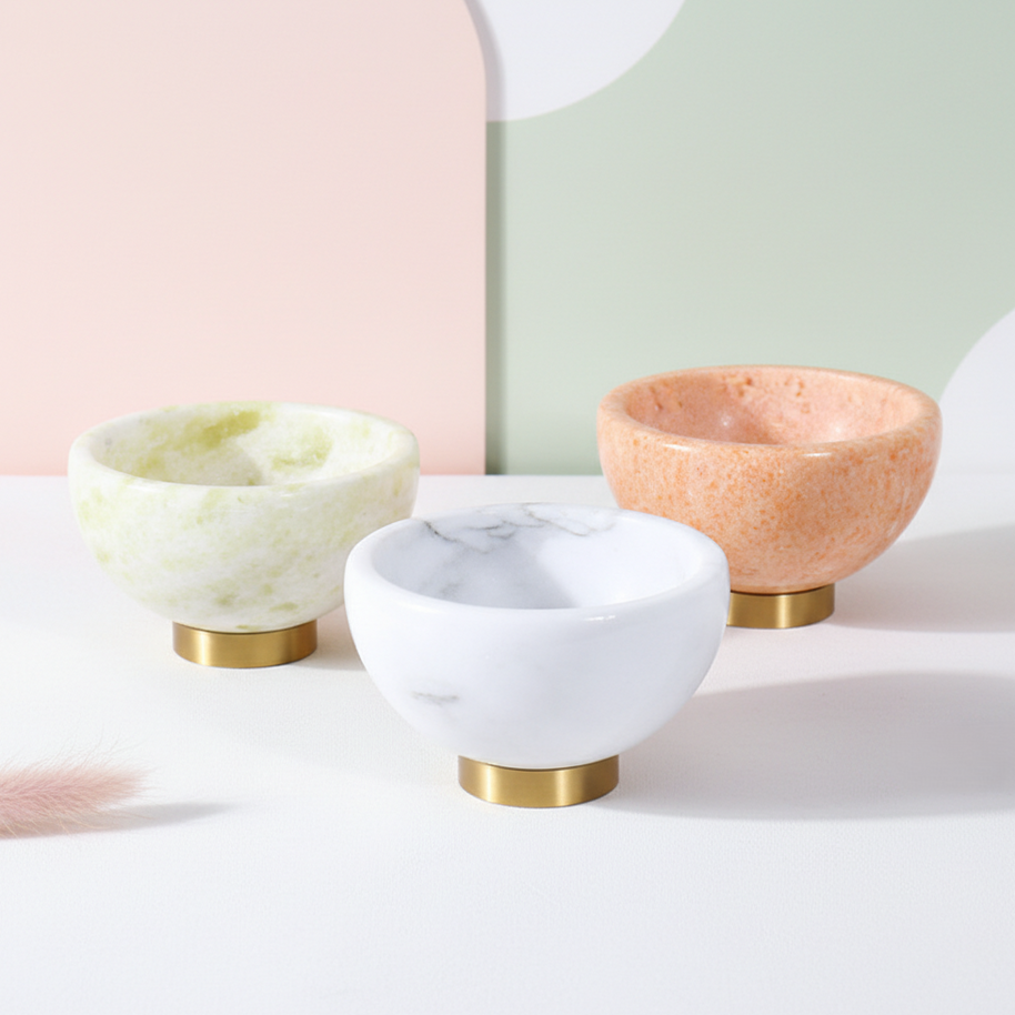 Aurora Marble Bowl – Solid Stone Dessert Bowl with Metal Base